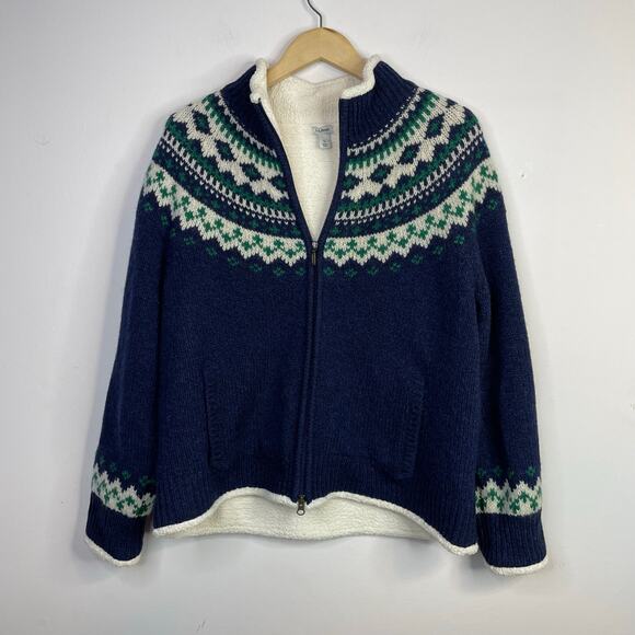 LL Bean Ragg Lambs Wool Fair Isle Sherpa Lined Zip Cardigan Sweater XL Petite - Picture 3 of 16
